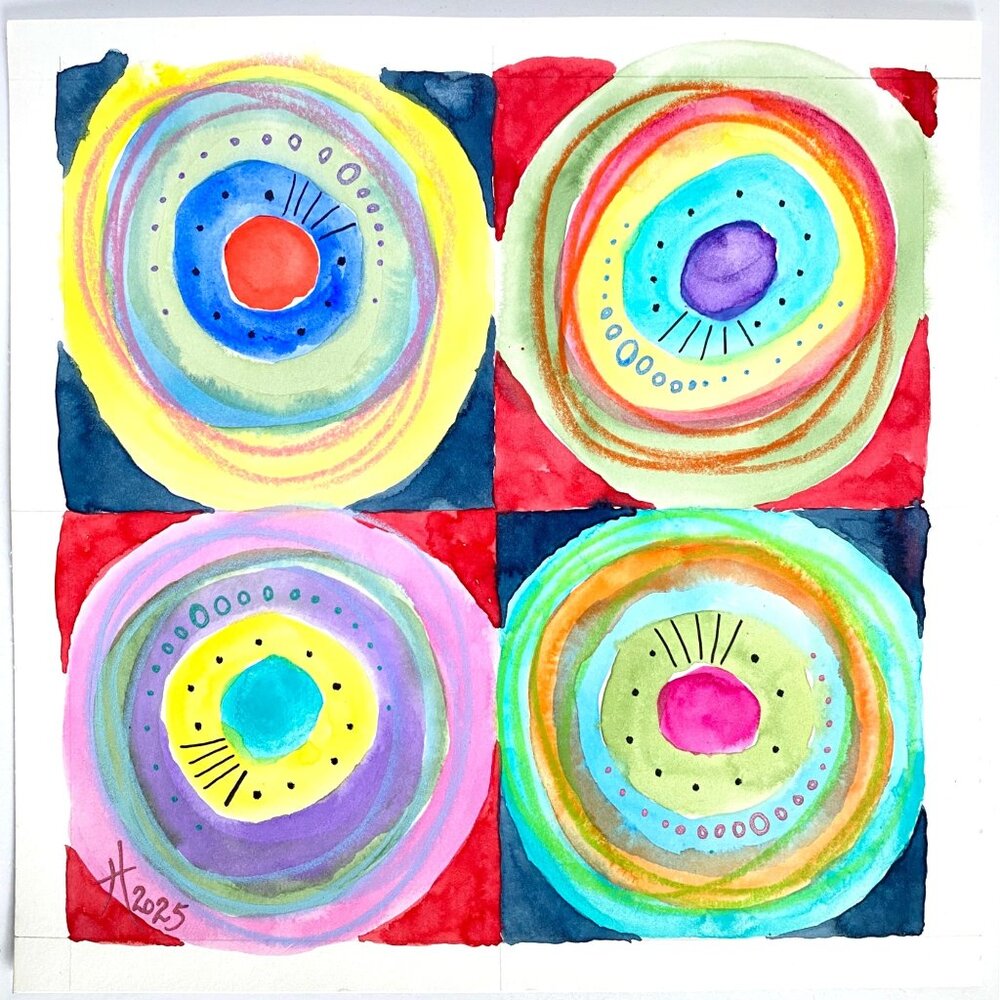 Art Original Rollin Along Watercolor Wax Pastel Painting Wall Artwork 8in Square